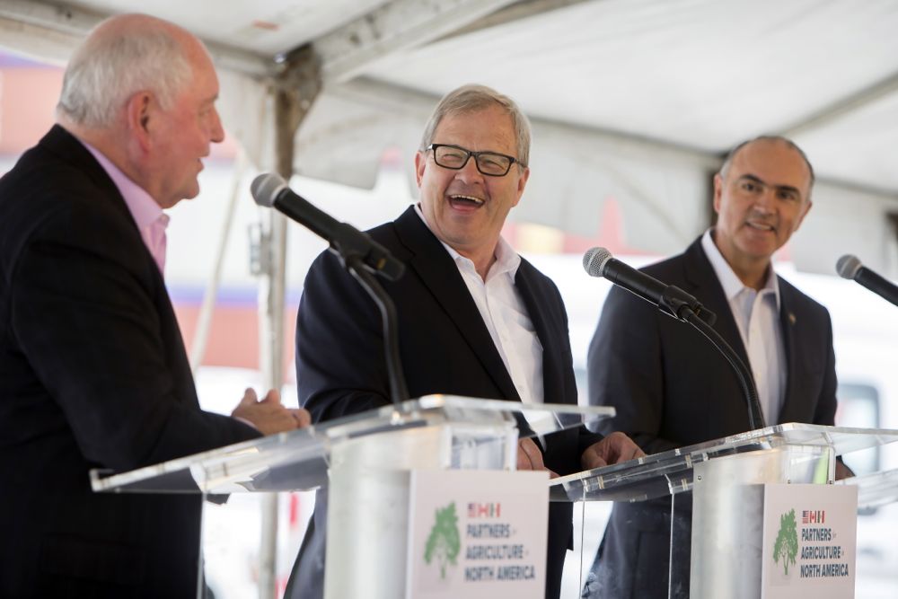 U.S. Secretary of Agriculture Sonny Perdue, Canadian Agriculture Minister Lawrence MacAulay and Mexico's Secretary of Agriculture Jose Calzada (l-r) speak at the Port of Savannah, Ga. on June 20. (Stephen B. Morton photo courtesy Georgia Ports Authority)