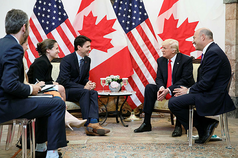 Foreign Affairs Minister Chrystia Freeland, pictured left, with Prime Minister Justin Trudeau, U.S. President Donald Trump, Katie Telford and Gerald Butts, (photograph courtesy of PMO photographer Adam Scotti)