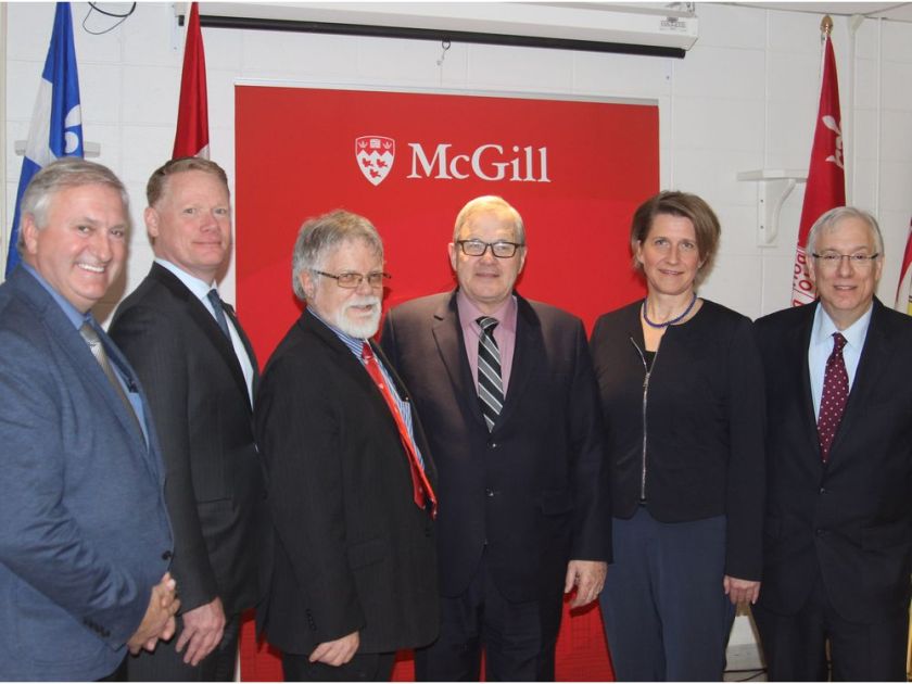 Parliamentary Secretary Jean-Claude Poissant (left to right), McGill vice-principal Louis Arsenault, CEO BiofuelNet Canada Don Smith, Agriculture Minister Lawrence MacAulay, Dean Anja Geitmann and Lac St Louis MP Francis Scarpaleggia, pose after a press conference at McGill’s Macdonald Campus in Ste-Anne-de-Bellevue to announce a federal investment of $7 million to fund biomass research. photo credit:	KENDRA GRAY