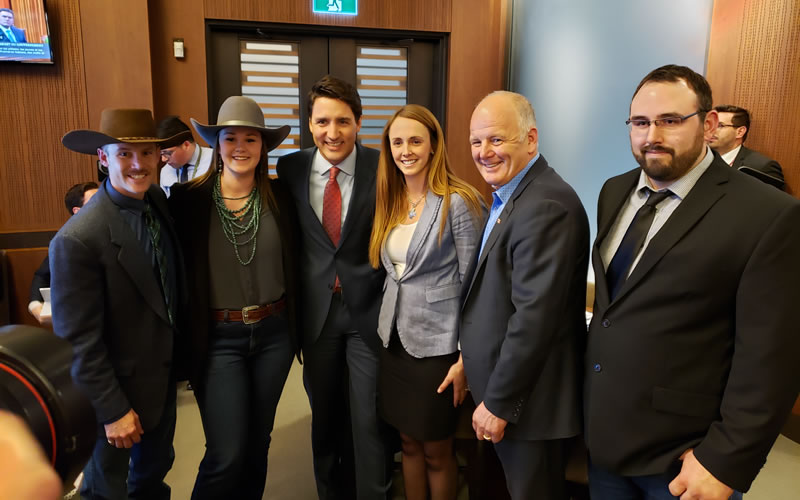 YCC Fly-in day: L-R YCC Ben Campbell (AB), YCC Kayla Weston (AB), PM Justin Trudeau, CCA’s Emily Ritchie, MP Mark Eyking, YCC Geoff Larkin (Maritimes). Photo credit: CCA.