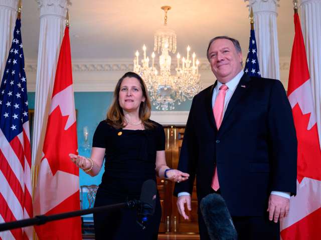 U.S. Secretary of State Mike Pompeo meets with Canadian Foreign Minister Chrystia Freeland at the U.S. Department of State in Washington, D.C. on April 3, 2019 - (Andrew Caballero-Reynolds/AFP/Getty Images)