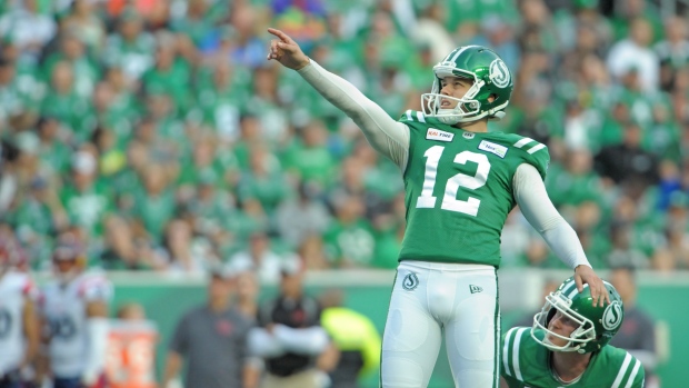 Saskatchewan Roughriders kicker Brett Lauther reacts after hitting a field goal against the Montreal Alouettes during first half CFL action in Regina on Saturday, Sept. 14, 2019. THE CANADIAN PRESS/Mark Taylor