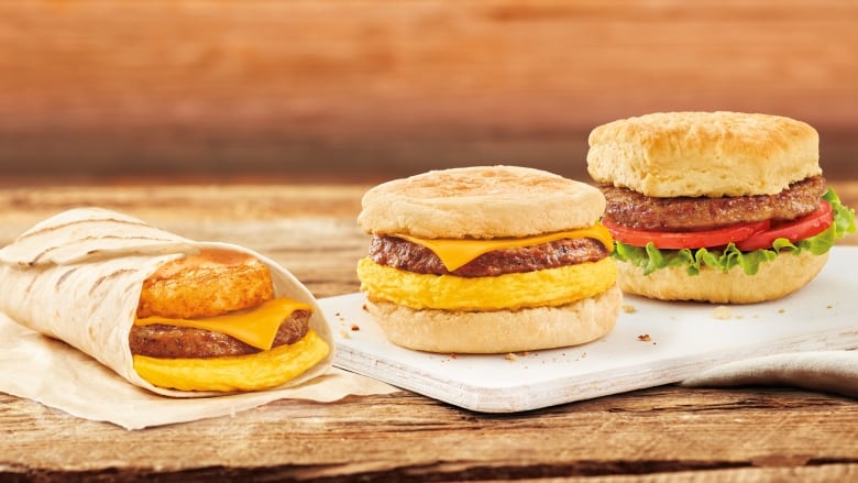 Beyond Burger — which Tim Hortons added to its menu in July — will still be available for a limited time across the country, but the Beyond Meat breakfast sandwiches are available in various regions while supplies last, and thereafter will only be sold in B.C. and Ontario, the chain's parent company says. (Tim Hortons)