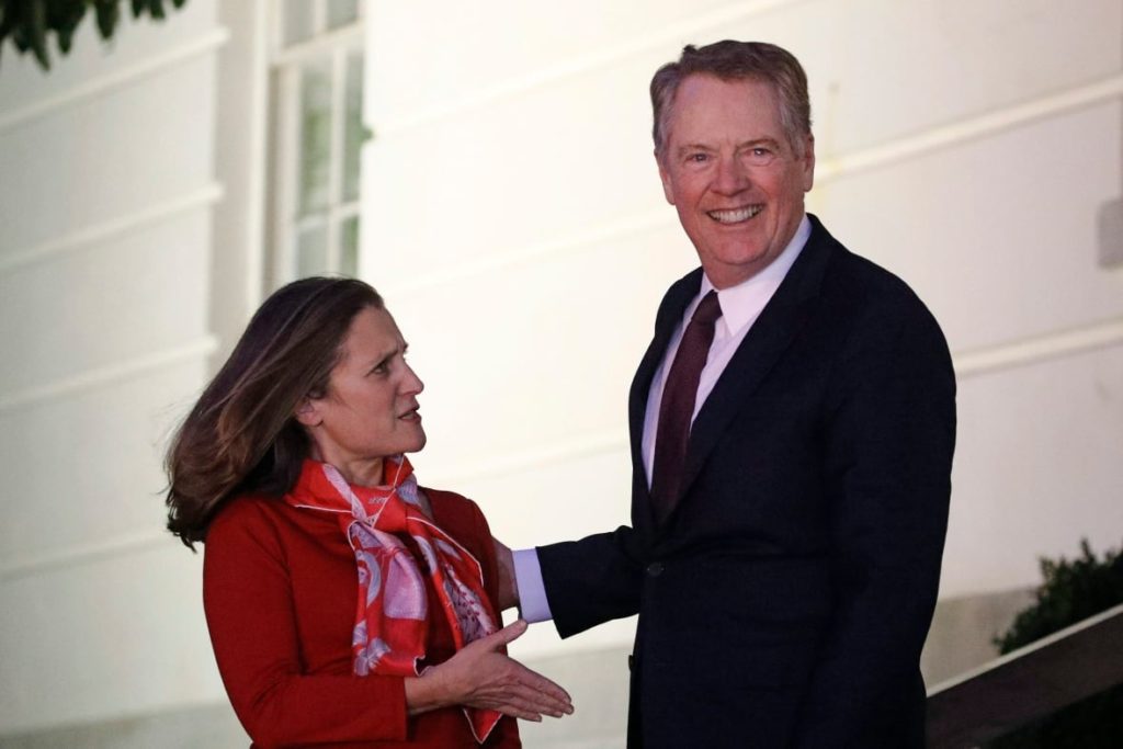 Deputy Prime Minister Chrystia Freeland, left, with U.S. Trade Representative Robert Lighthizer, are expected in Mexico on Tuesday as part of working towards a new NAFTA. (Patrick Semansky/Associated Press)