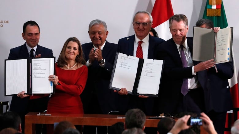 Mexico's Treasury Secretary Arturo Herrera, left, Deputy Prime Minister of Canada Chrystia Freeland, second left, Mexico's President Andres Manuel Lopez Obrador, center, Mexico's top trade negotiator Jesus Seade, second right, and U.S. Trade Representative Robert Lighthizer, hold the documents after signing and update to the North American Free Trade Agreement, at the national palace in Mexico City(Marco Ugarte/Associated Press)