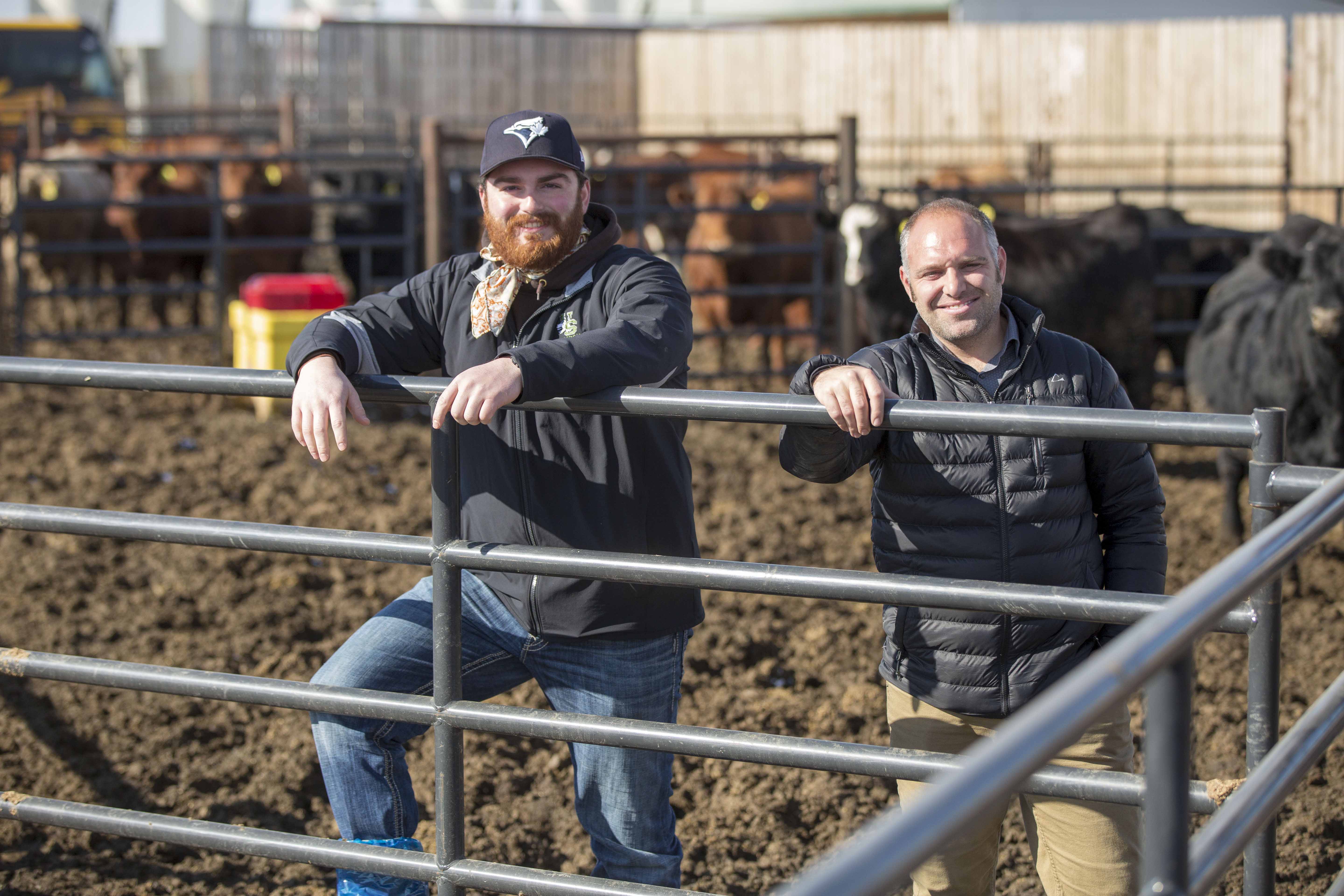 Masters student Caleb Eidsvik and USask cattle nutrition researcher Greg Penner at the USask Livestock Forage Centre of Excellence (LFCE) (David Stobbe / StobbePhoto.ca)