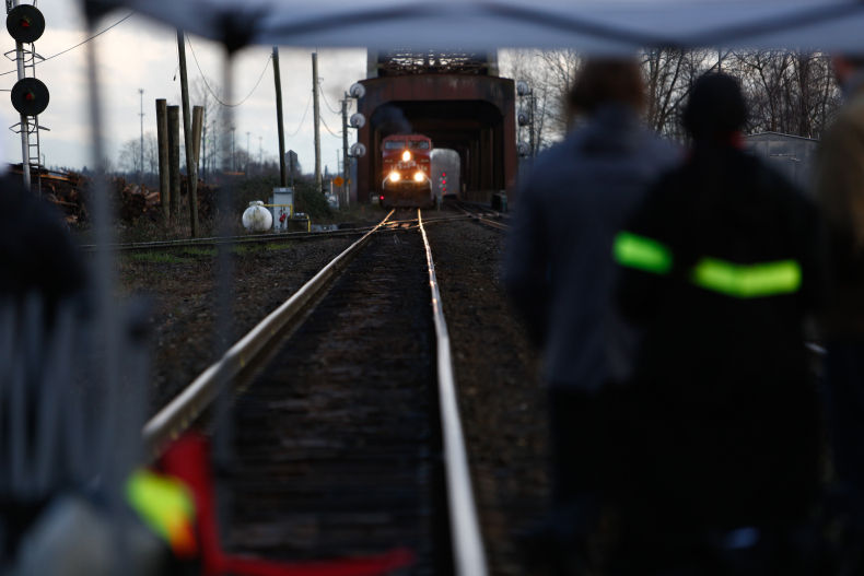 A rail blockade in Port Coquitlam, BC. (Photo: Jesse Winter)