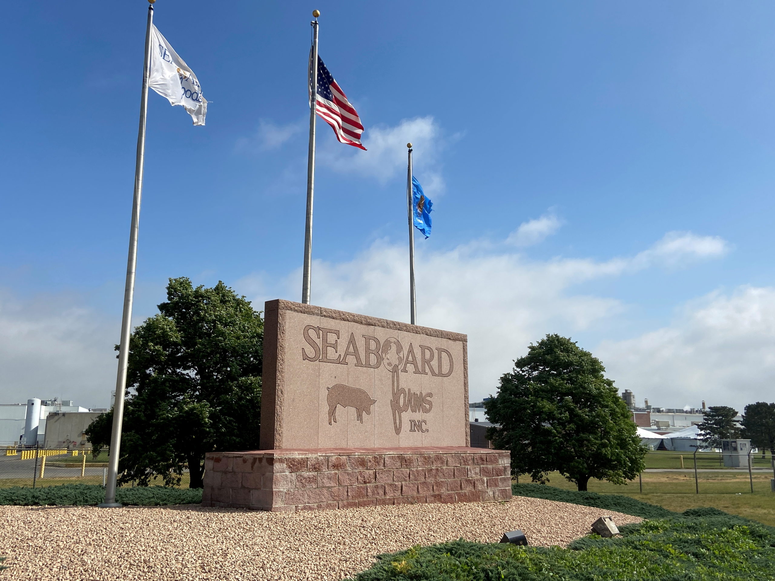 FILE PHOTO: The logo of Seaboard Foods hog processing plant is seen in Guymon, Oklahoma, U.S., May 13, 2020.  REUTERS/Andrew Hay