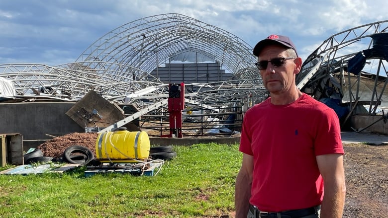 Kevin Jewell's dairy barn in Meadowbank, P.E.I. collapsed during the strong winds from post-tropical storm Fiona. (Alexandre Silberman/CBC)