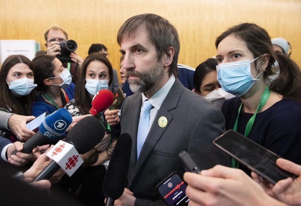 teven Guilbeault, Minister of Environment and Climate Change of Canada speaks to reporters at the COP15 UN Biodiversity Conference in Montreal, Sunday, December 18, 2022. THE CANADIAN PRESS/Graham Hughes