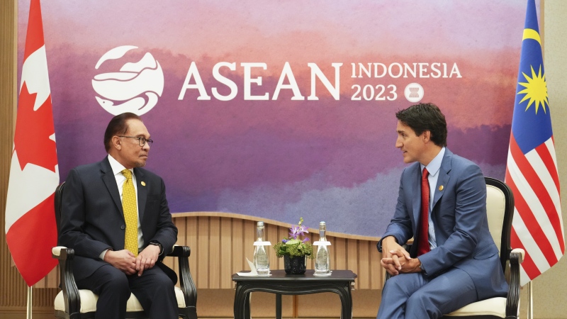 Prime Minister Justin Trudeau takes part in a bilateral meeting with Malaysian Prime Minister Anwar Ibrahim during the ASEAN Summit in Jakarta, Indonesia on Wednesday, Sept. 6, 2023. (THE CANADIAN PRESS/Sean Kilpatrick)